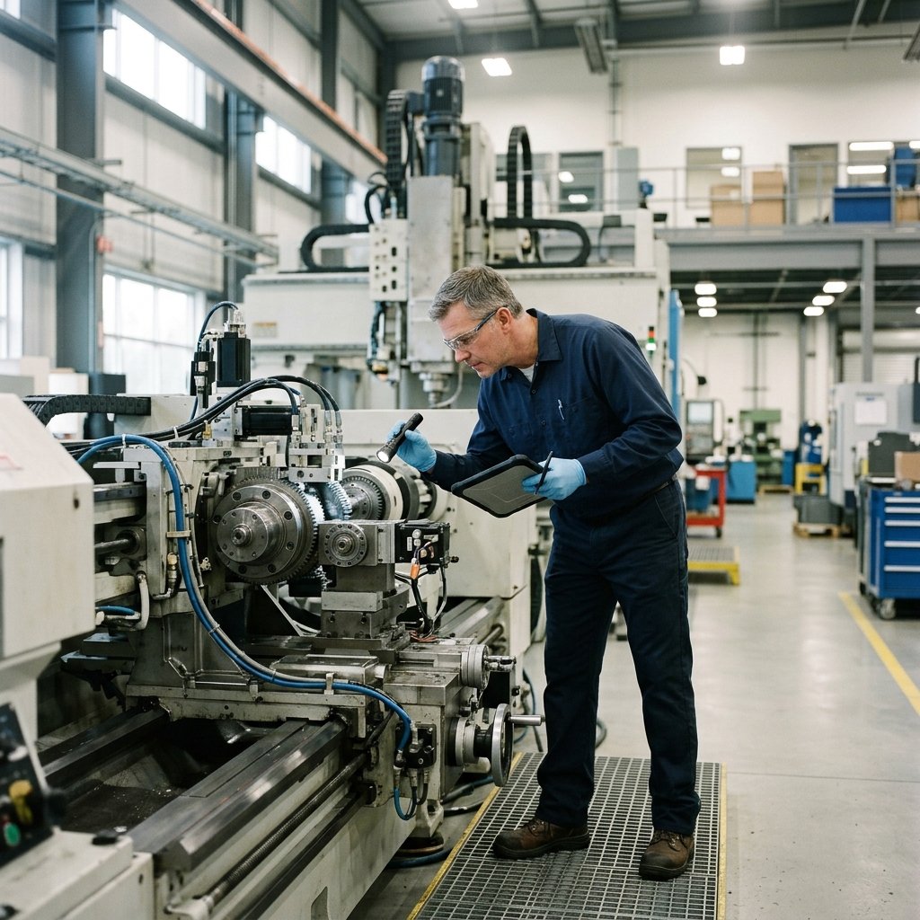 Engenheiro inspecionando equipamento industrial em ambiente de fábrica limpo e profissional