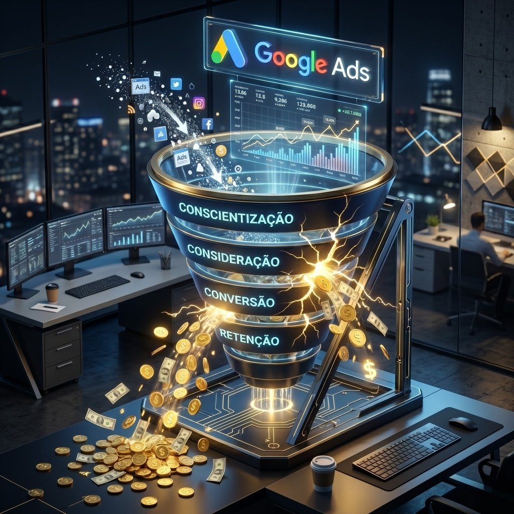 Funil de vendas do Google Ads com vazamento de orçamento e moedas caindo