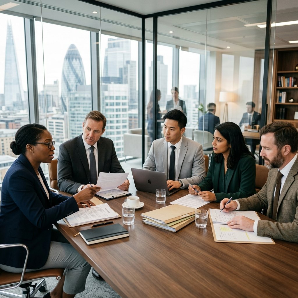 Equipe jurídica colaborando em escritório corporativo moderno