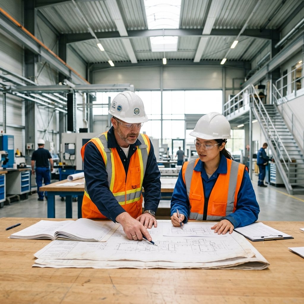 Engenheiros analisando projetos técnicos em ambiente industrial profissional