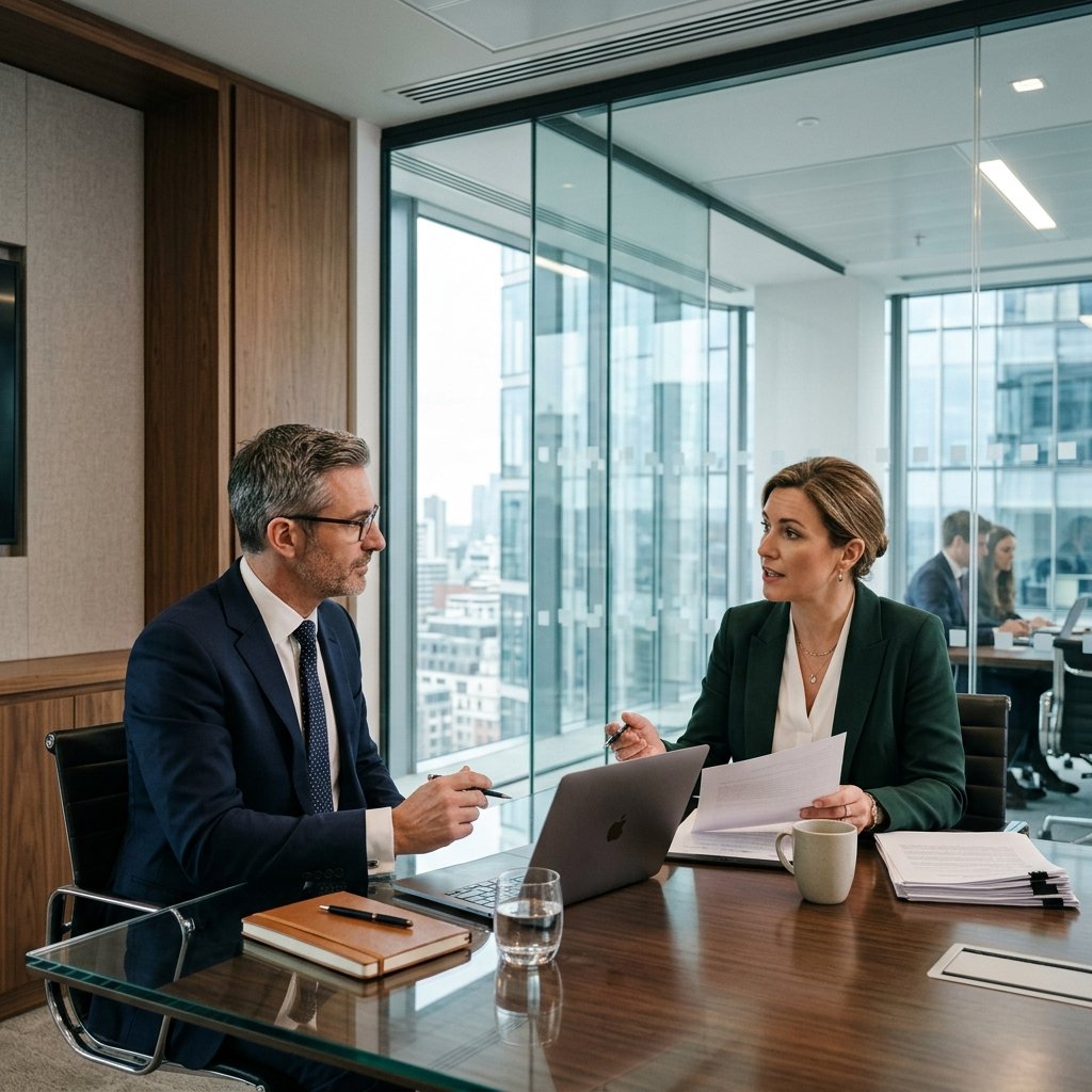 Reunião entre advogado e cliente em escritório moderno e de alto padrão corporativo