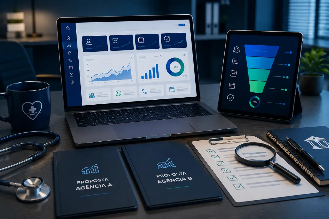 O Que Avaliar Antes de Contratar uma Agência para Sua Clínica Reunião entre gestor de clínica e consultora de marketing para avaliar estratégia digital